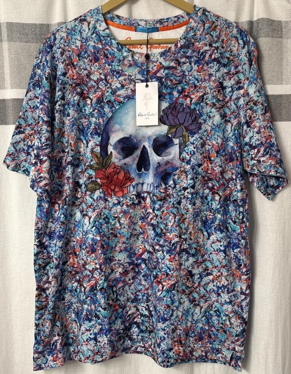 NWT Robert Graham Glass Skull Graphic Tee Shirt Embroidered Floral Men’s Large